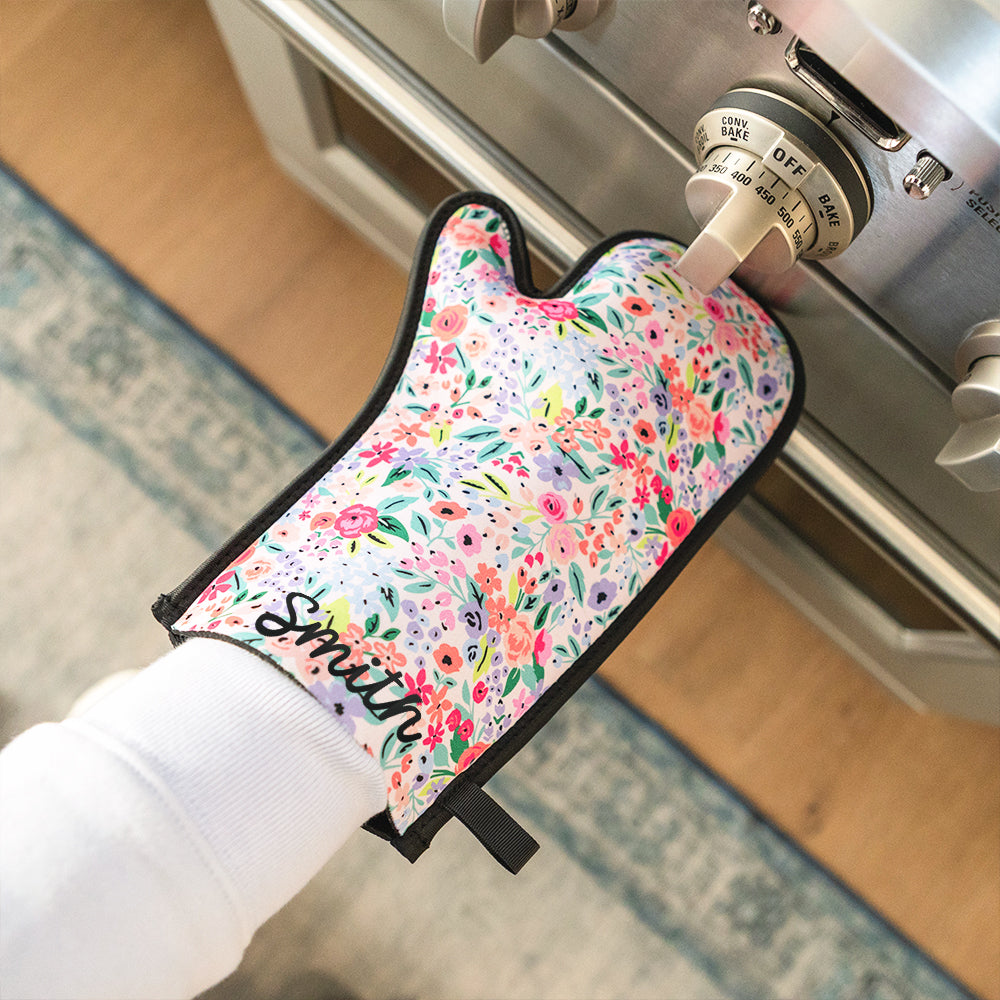 coral floral neoprene oven mitt opening oven