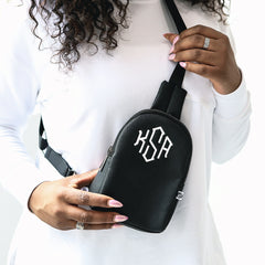 close up of black sling bag