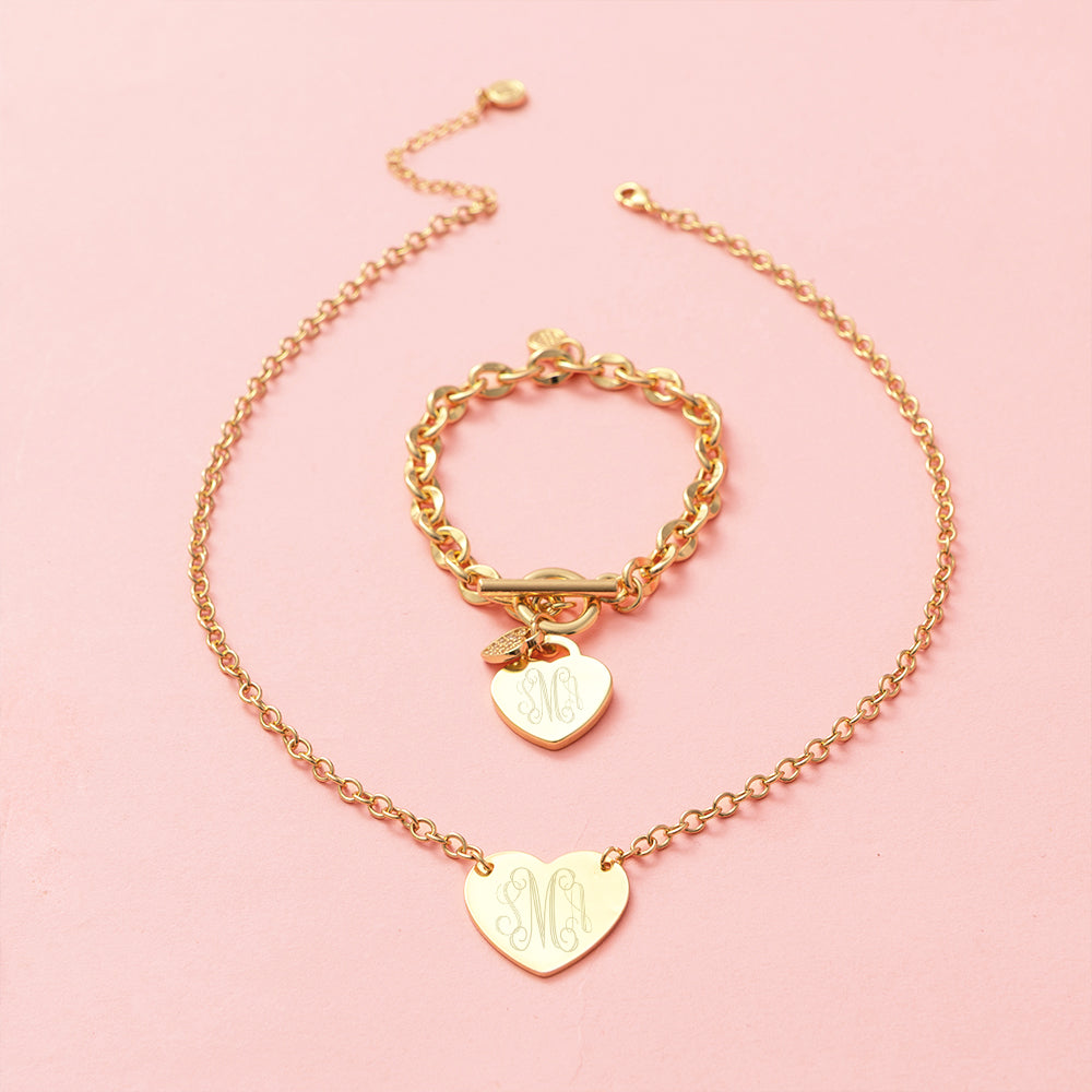 gold heart pendant necklace with heart bracelet