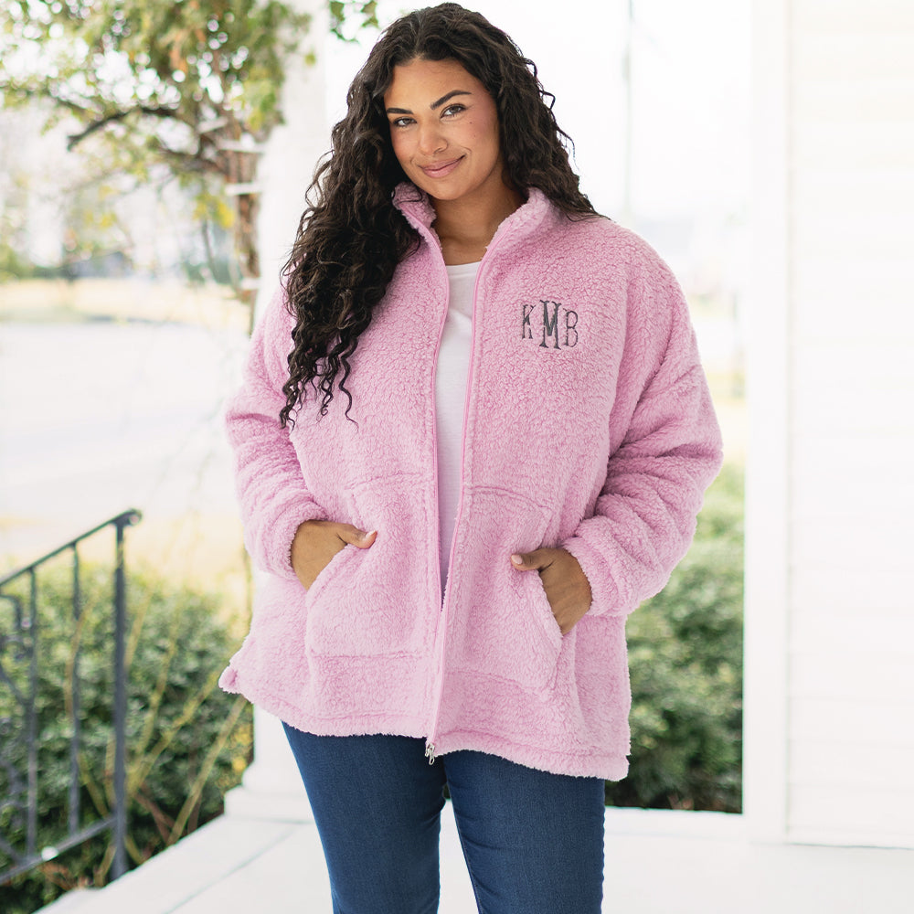 [julia-ann] girl wearing full zip sherpa jacket in light pink