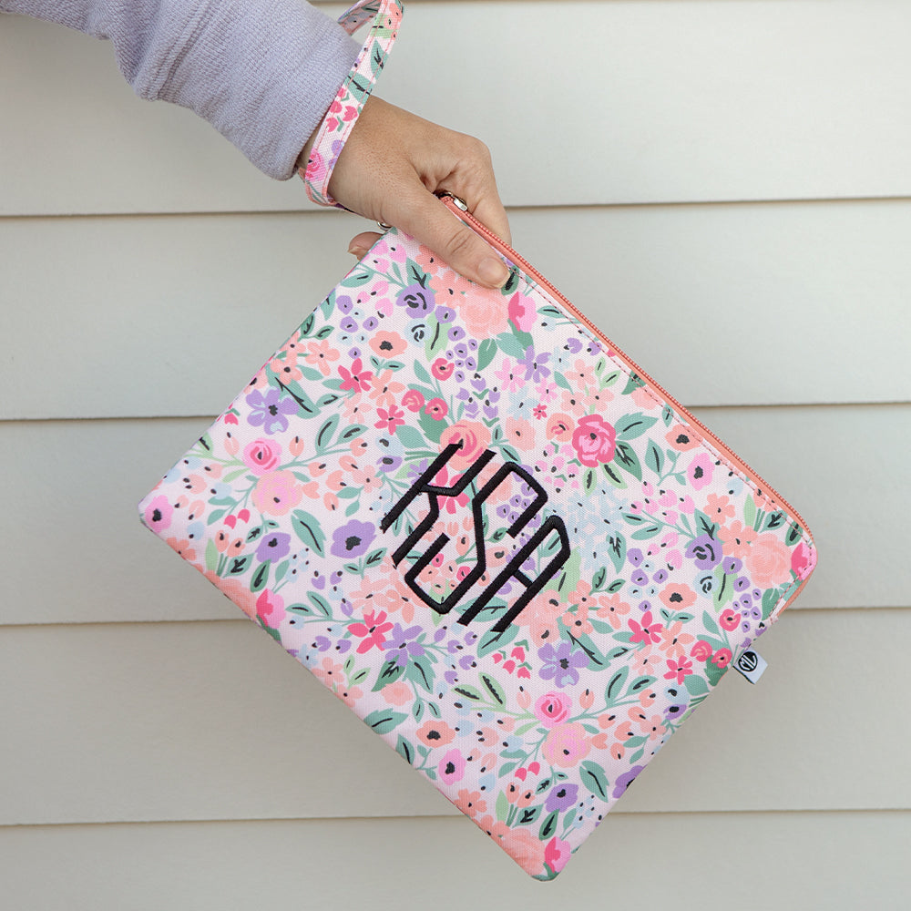 Coral Floral wrislet pouch on shiplap