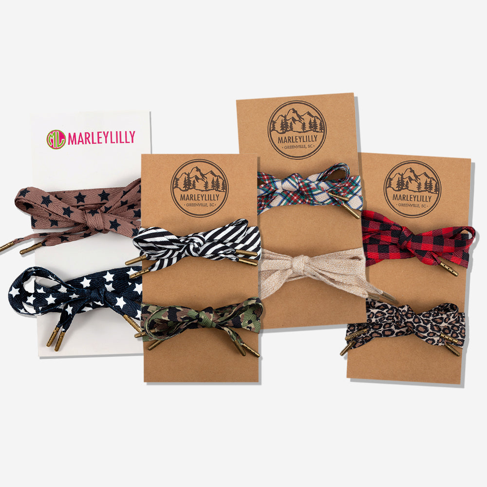hickory and stars, camo and stripe, camel plaid and buffalo plaid shoelace set