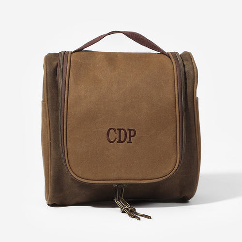 Personalized Waxed Canvas Hanging Toiletry Bag in Brown