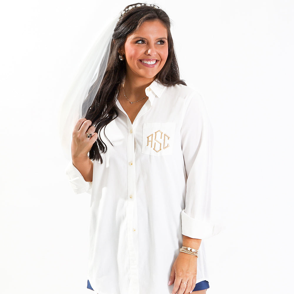 [megan] bridal veil with monogrammed button down shirt