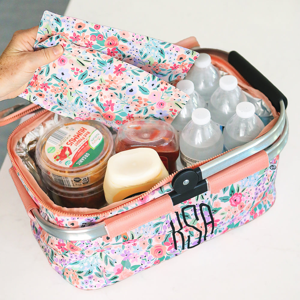coral floral market basket with matching ice pack set