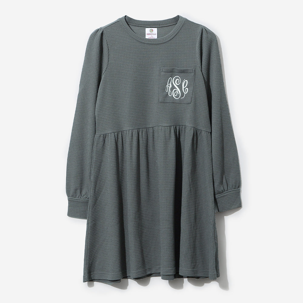 Monogrammed Waffle Puff Sleeve Dress in Charcoal