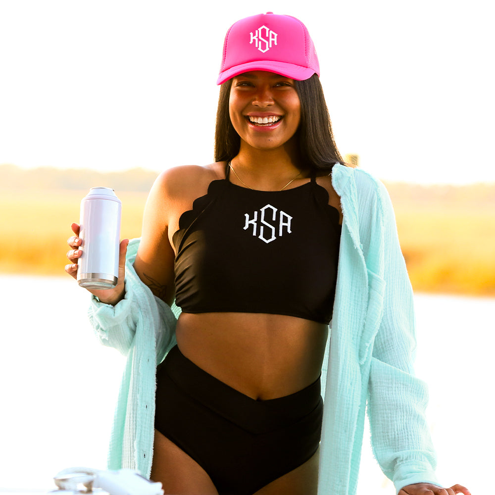 scalloped high neck bikini top with pink trucker hat