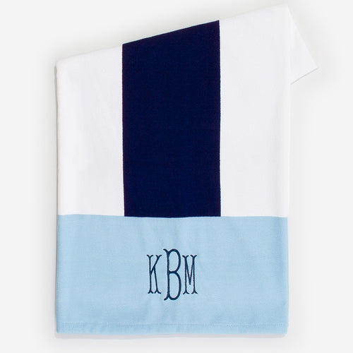 monogrammed beach towel in navy cabana stripe