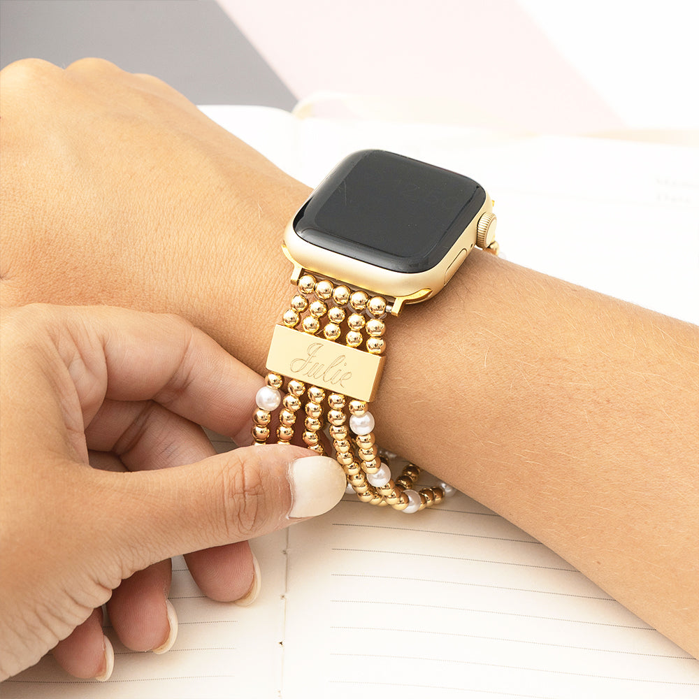 beaded pearl watch band on arm