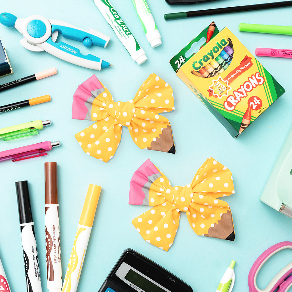 yellow girls pencil hair bow set flatlay