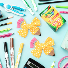 yellow girls pencil hair bow set flatlay
