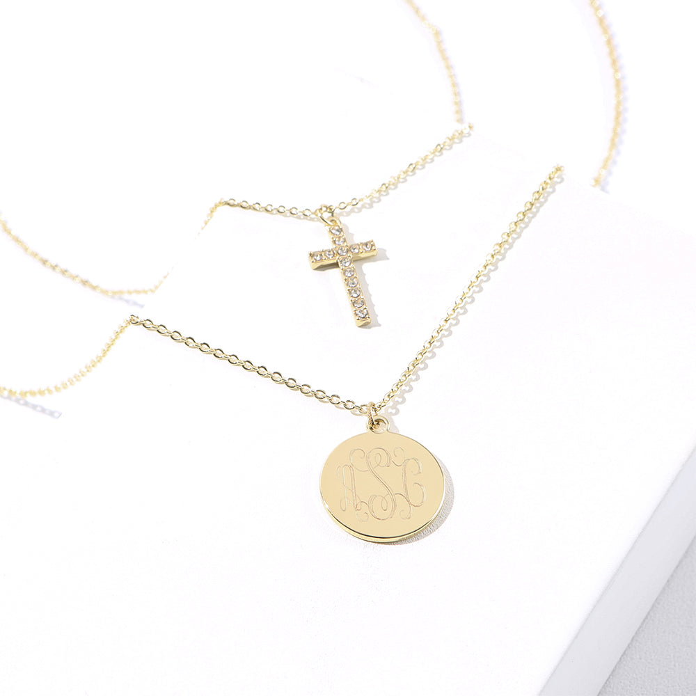 Monogrammed Layered Cross Necklace in Gold