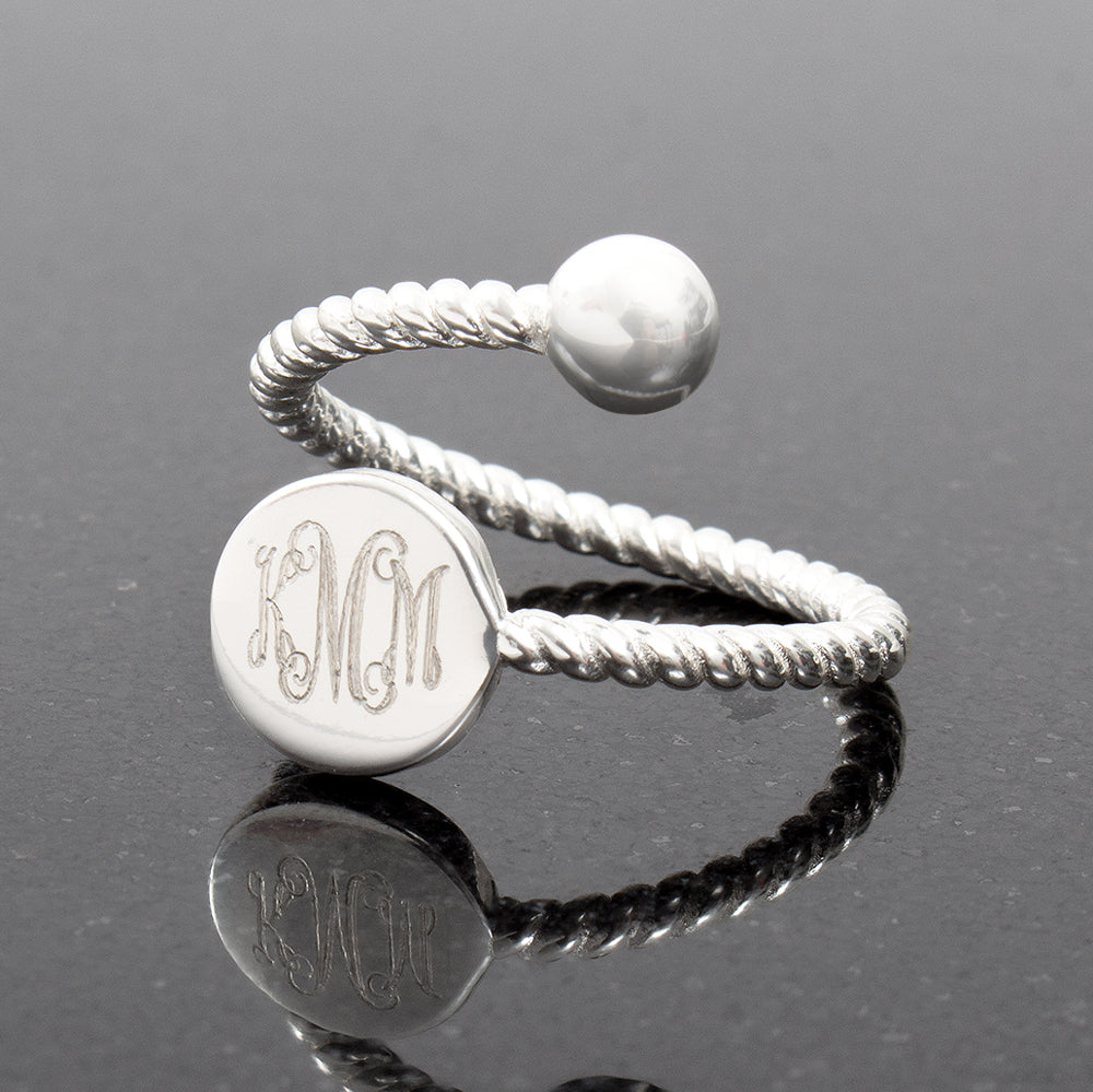 Silver monogramed adjustable ring on stone