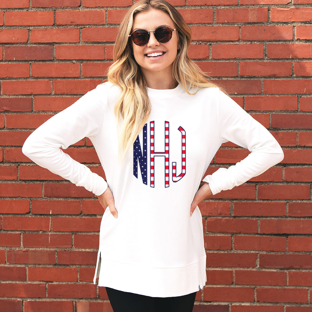 [berkley] americana crewneck sweatshirt with hands on hips