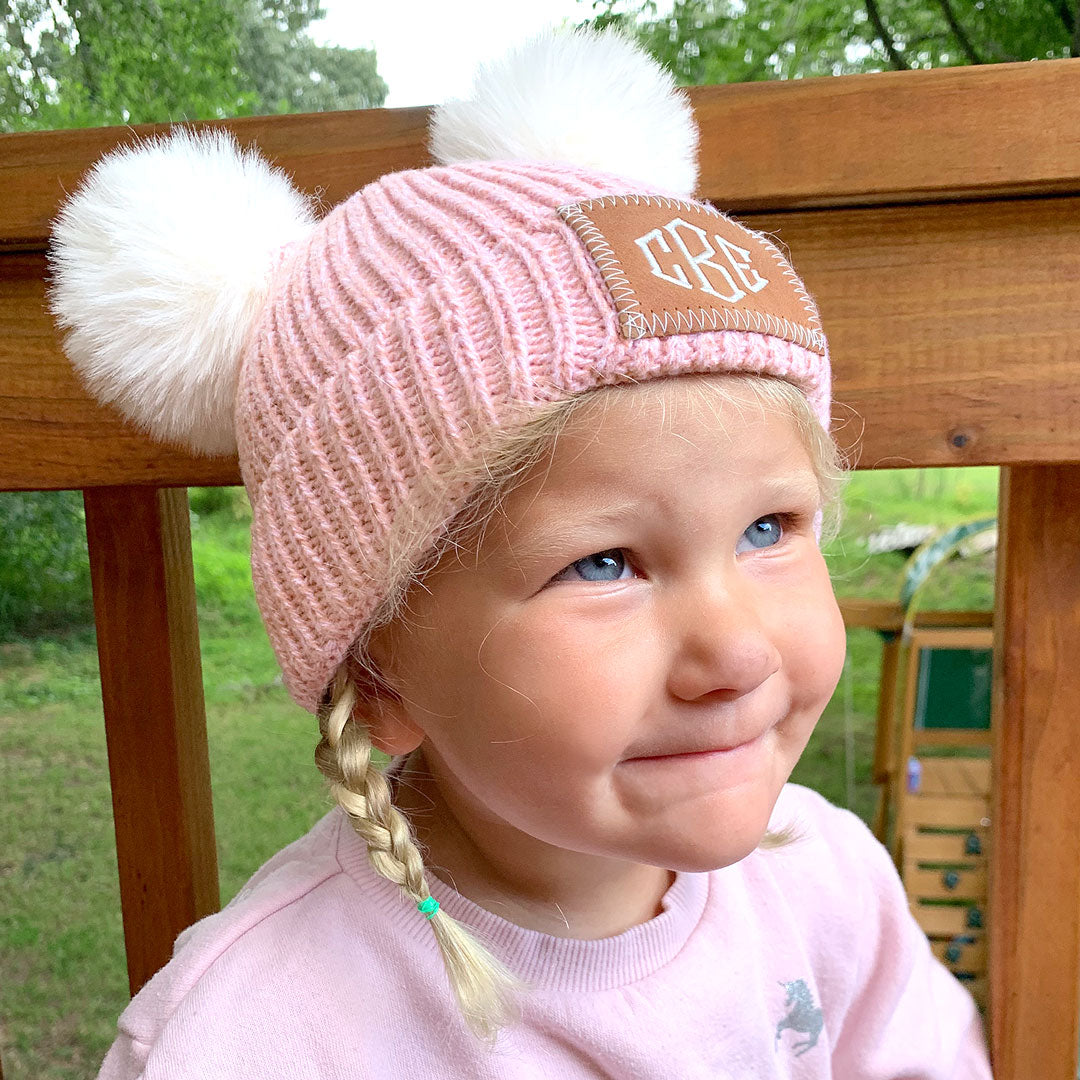 girls pink monogrammed pom pom beanie