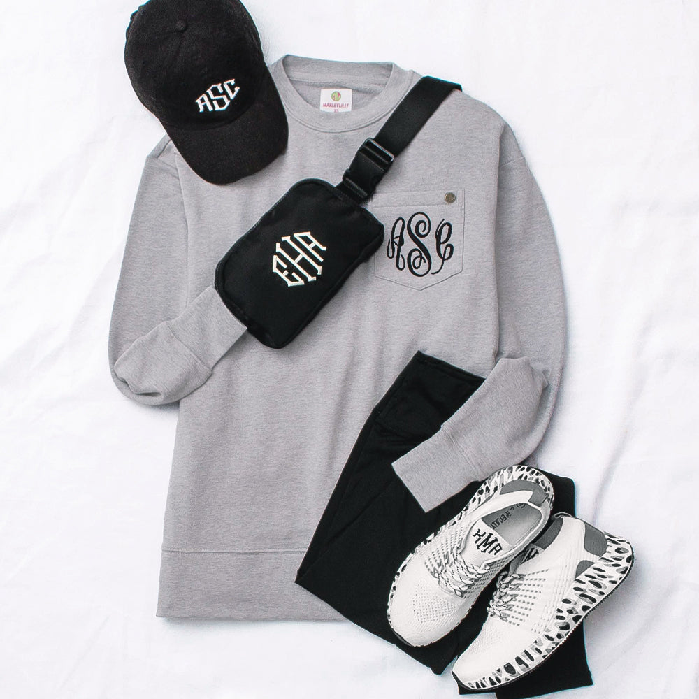 crewneck heathered gray sweatshirt with belt bag