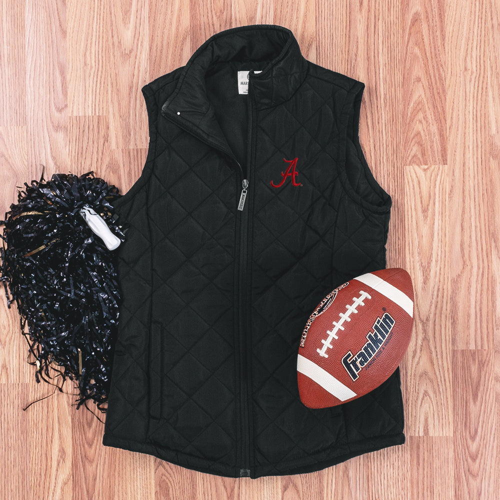 alabama crimson tide puffer vest flatlay