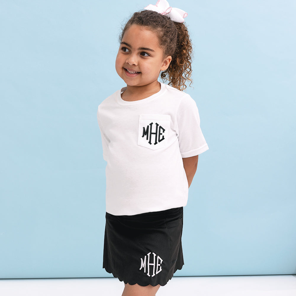 [aubri] monogrammed black skort with white short sleeve t shirt