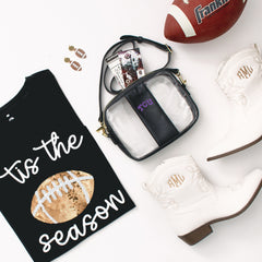 tcu horned frogs black clear stadium crossbody with football earrings and shirt