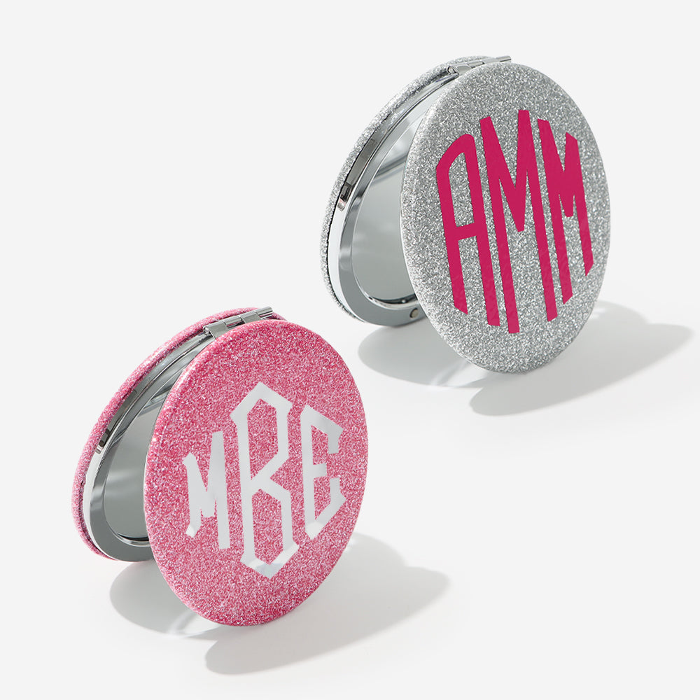 monogrammed glitter compact mirror in pink and silver