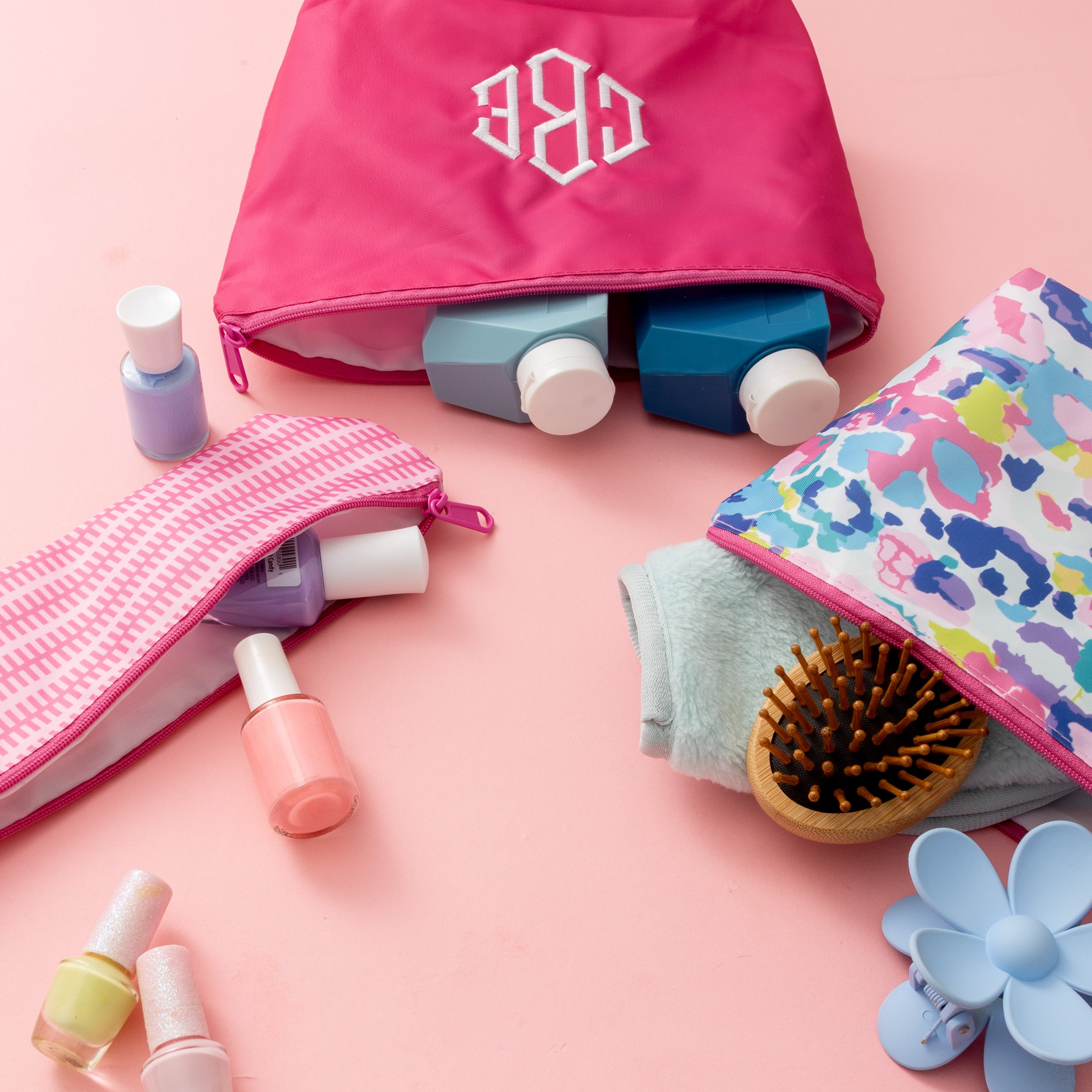 monogrammed kids toiletry bag in multi leopard