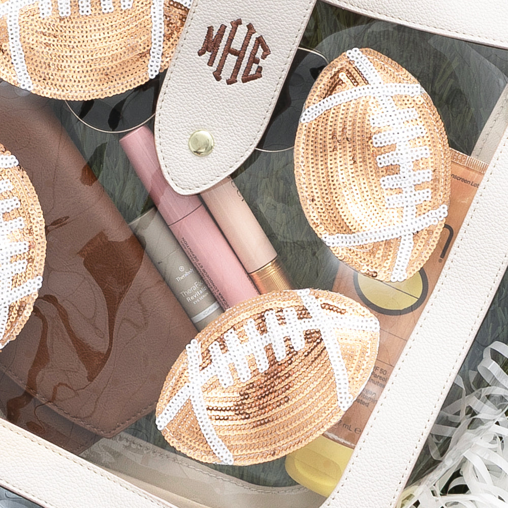 Football clear stadium approved tote flatlay detail shot
