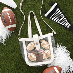 Football clear stadium approved tote flatlay on grass