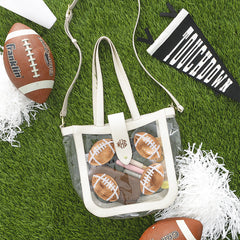 Football clear stadium approved tote flatlay on grass