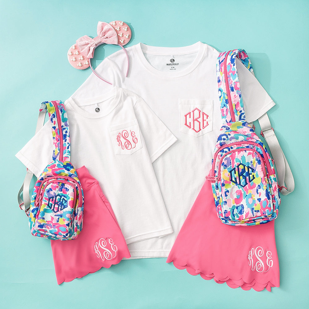 mom and me hot pink monogrammed skorts with sling backpacks