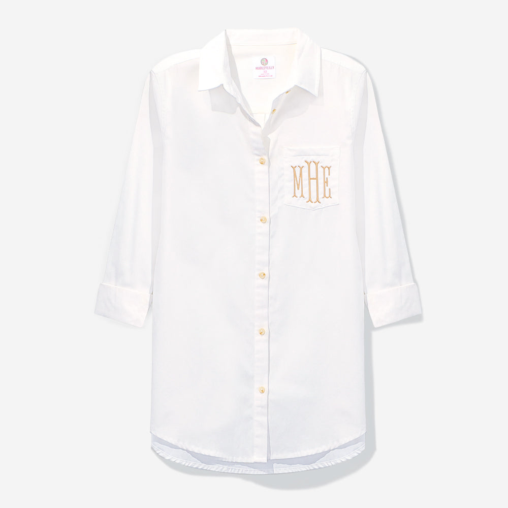 monogrammed white button down with sleeves rolled
