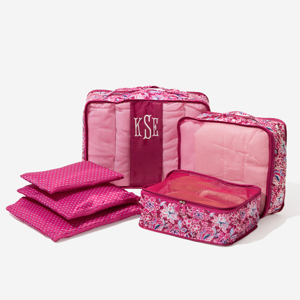 monogrammed packing bag set in burgundy woodland blossom