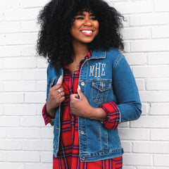 personalized denim jacket with red plaid layering tunic