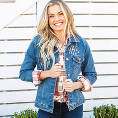 personalized denim jacket with plaid layering tunic