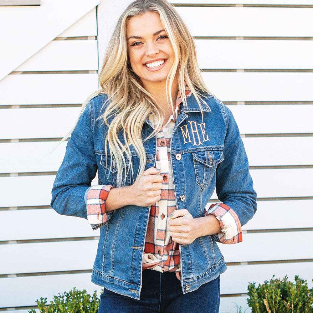 personalized denim jacket with plaid layering tunic