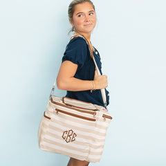 girl carrying khaki stripes monogrammed dual compartment cooler