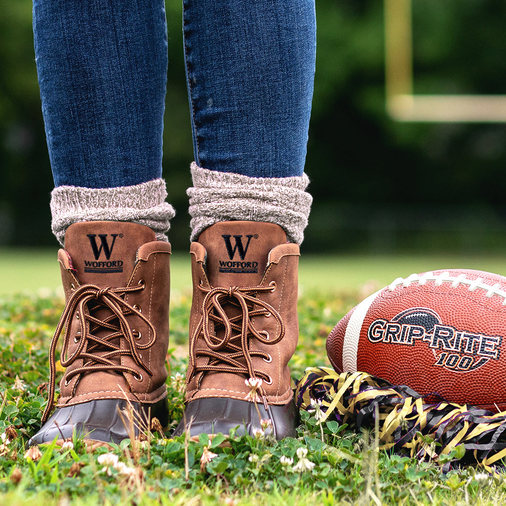 wofford duck boots with brown socks on football field