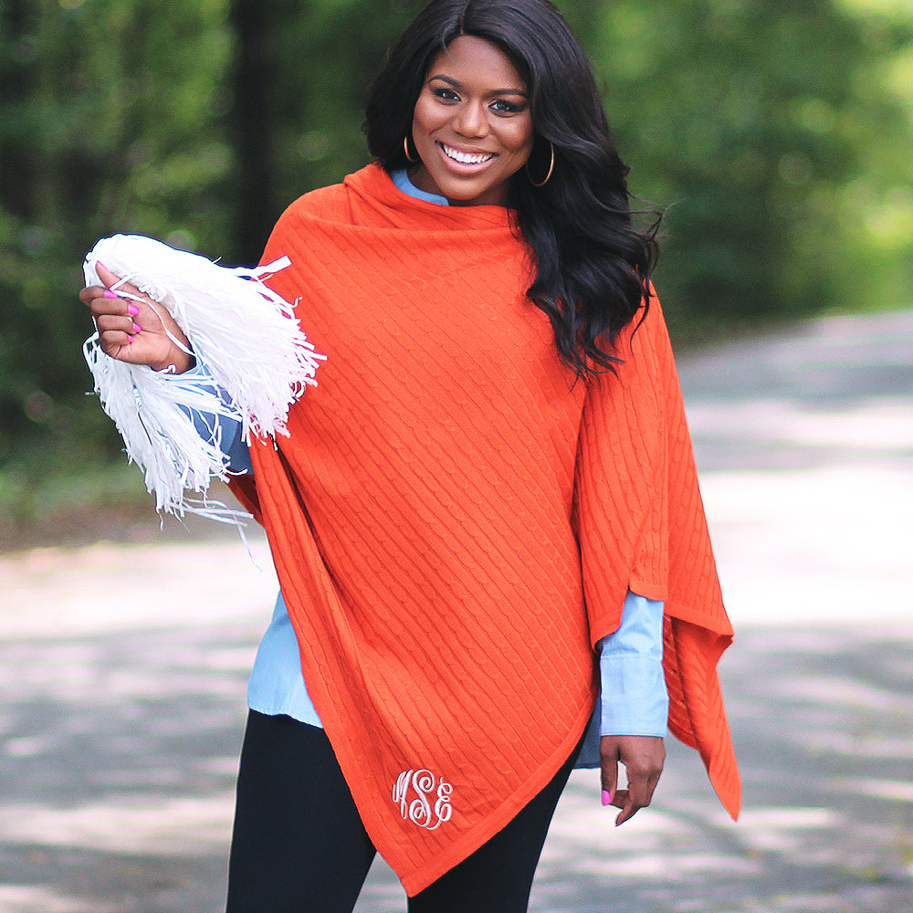 [aubrey] monogrammed orange poncho with pom pom