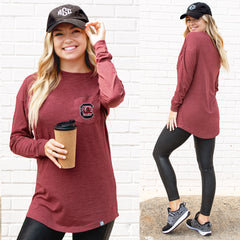 burgundy long sleeve pocket tee with gamecocks logo