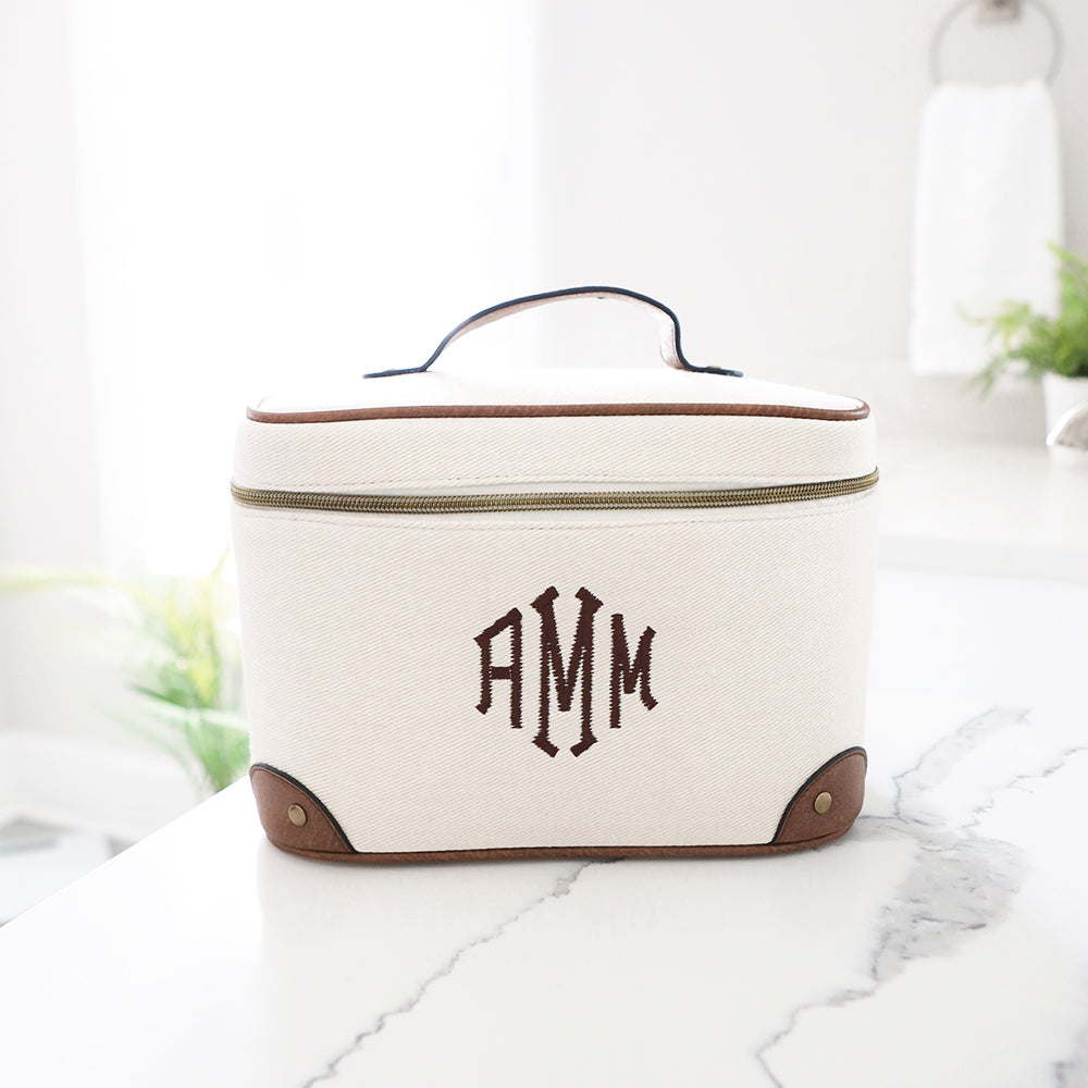 ivory (2024) vintage train case on bathroom counter