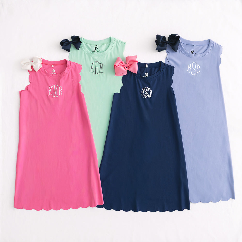 hot pink mint navy and lavender monogrammed scallop dresses