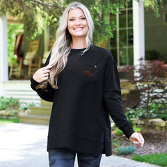 college of charleston black crewneck sweatshirt on blonde girl by cabin