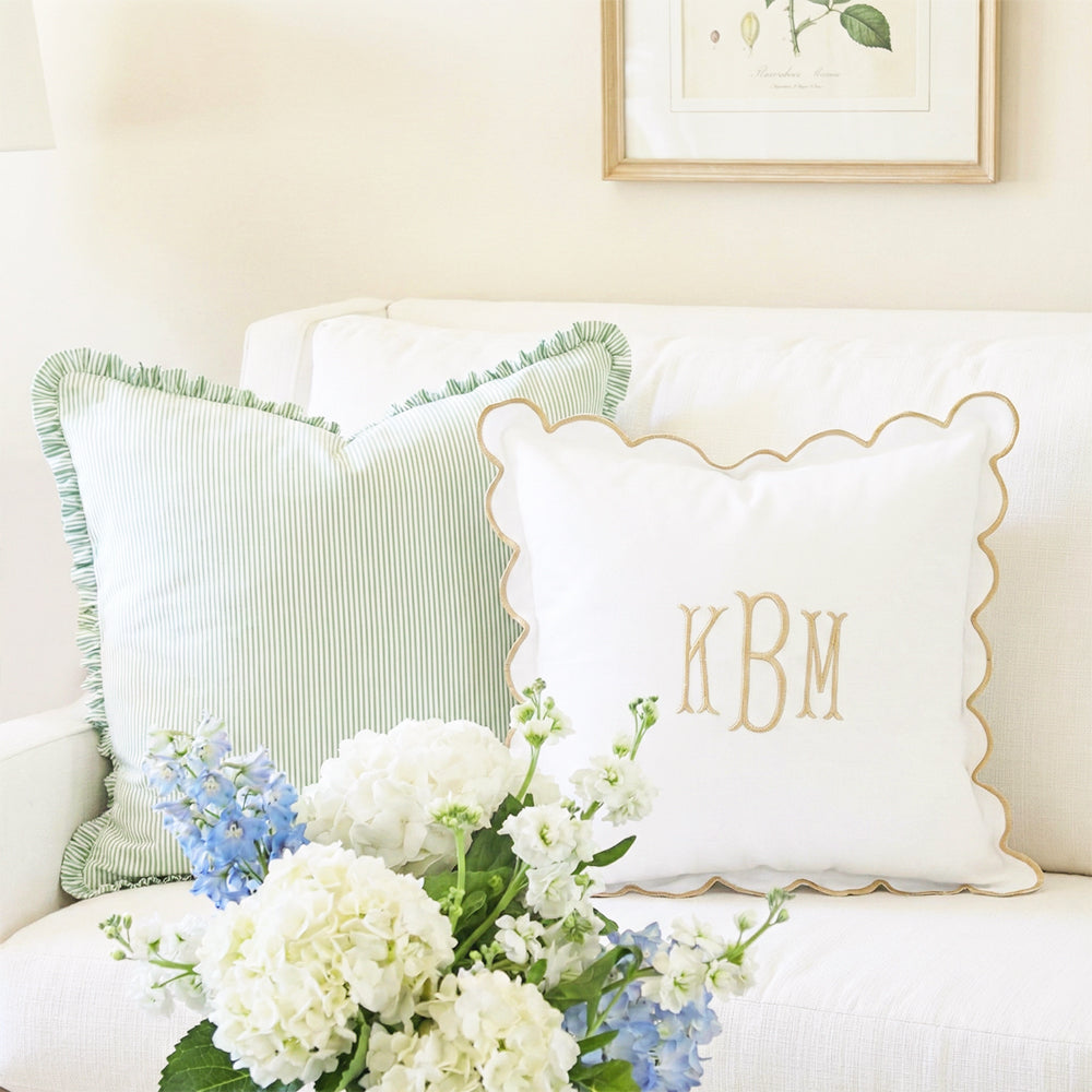 khaki scalloped pillow sham on couch