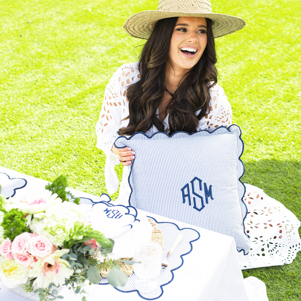 navy seersucker scalloped pillow sham with peyton