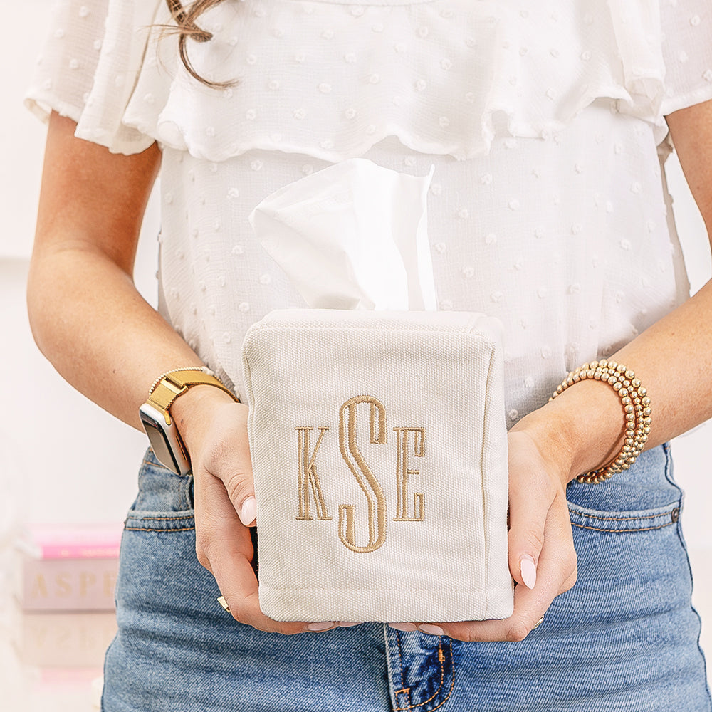 girl holding ivory personalized tissue box cover