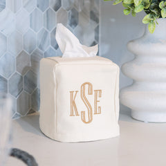 ivory personalized tissue box on kitchen counter