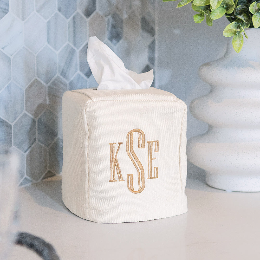 ivory personalized tissue box on kitchen counter