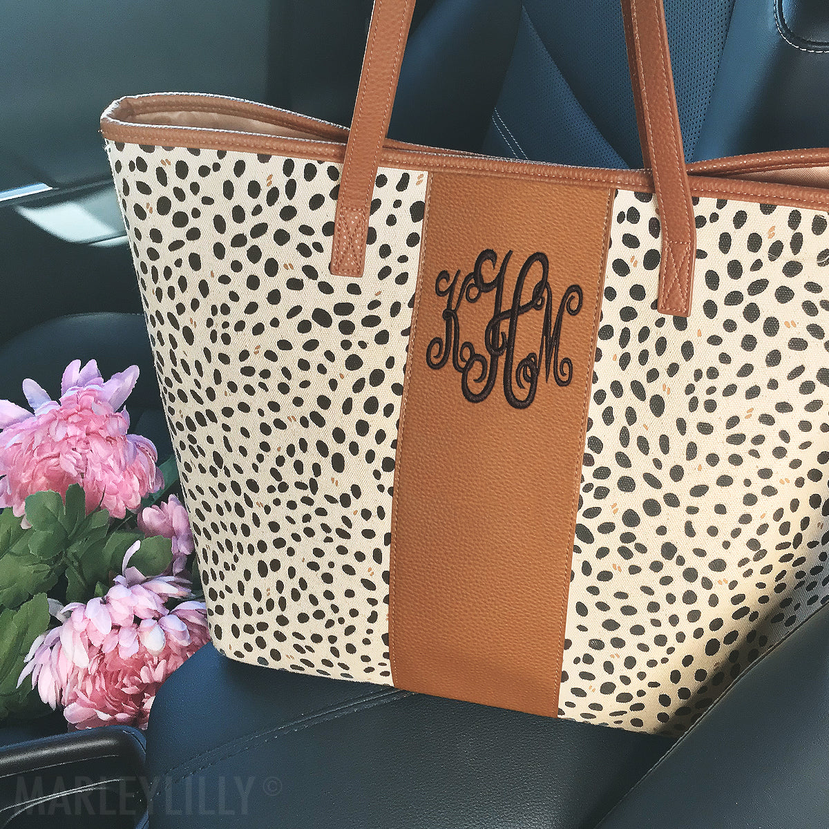 spotted leopard tote bag in car