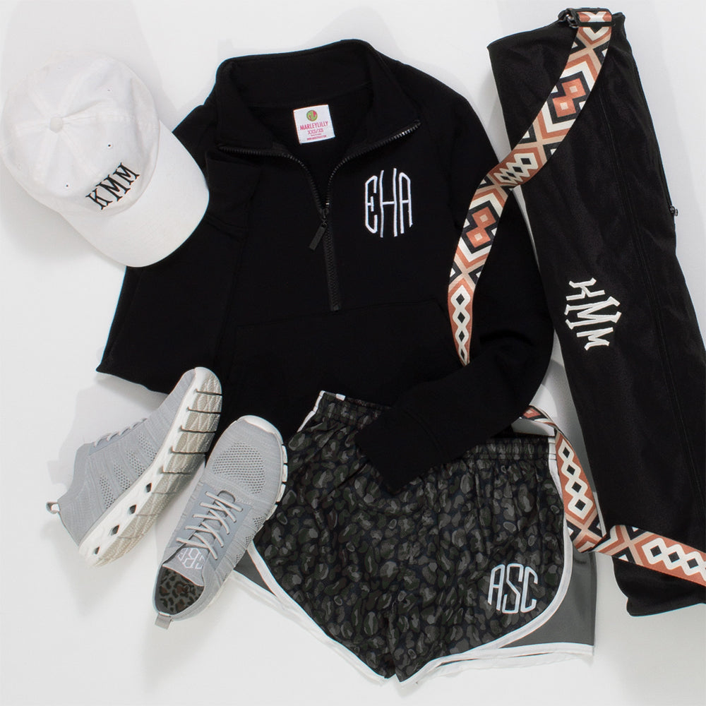 Onyx Leopard Monogrammed Running Shorts with gym outfit
