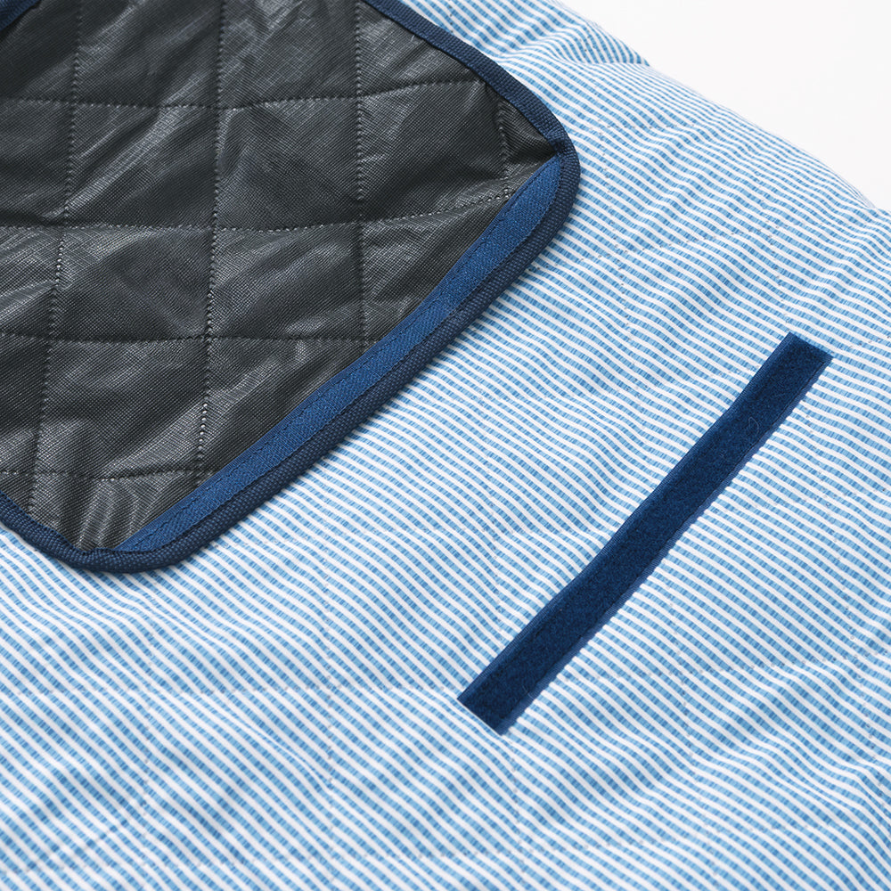 close up of personalized picnic blanket in navy seersucker
