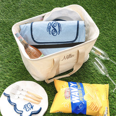 foldable monogrammed picnic blanket in navy seersucker in market basket
